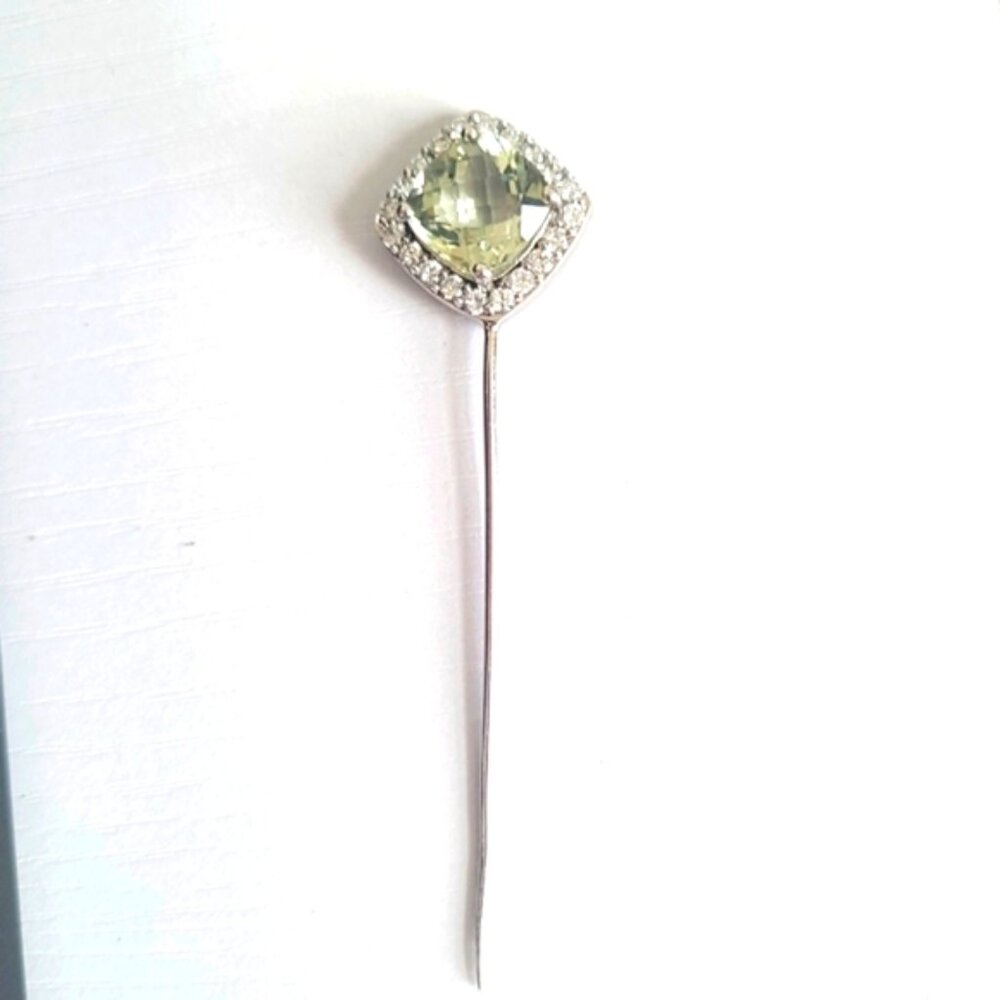 Men's Vintage Style Sterling Silver Cushion Cut Green Quartz Crystal Lapel Pin